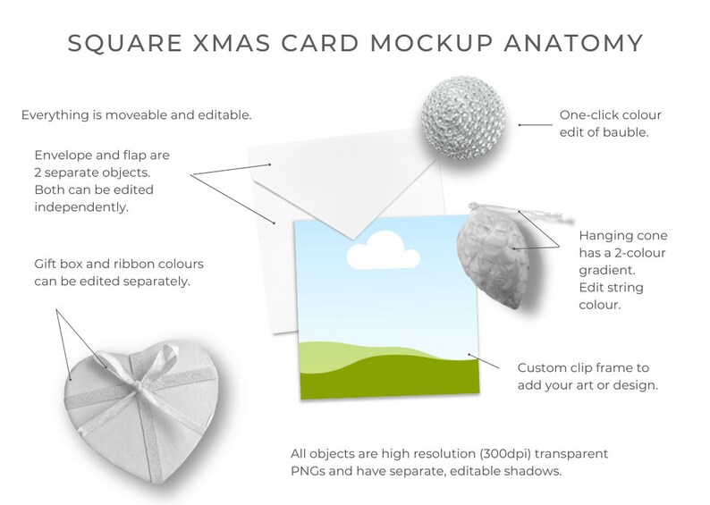 May include: A mockup of a square Christmas card with a white envelope, a blue card with a white cloud, a green landscape, a hanging cone ornament, a gift box in the shape of a heart, and a silver bauble. The text "SQUARE XMAS CARD MOCKUP ANATOMY" is at the top of the image. Everything is moveable and editable.