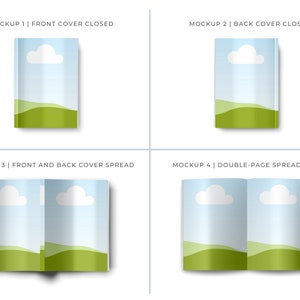 May include: Four mockups of a book with a blue sky, white clouds, and green hills background. The first mockup shows the front cover closed, the second shows the back cover closed, the third shows the front and back covers spread open, and the fourth shows a double-page spread open.
