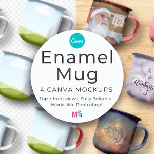 Könnte beinhalten: Vier Emaille-Becher mit verschiedenen Designs. Die Becher stehen auf einer Holzoberfläche. Die Designs beinhalten eine Landschaft, einen Weihnachtsmann, ein Blumenmuster und eine Galaxie mit einer Konstellation. Die Texte "Ho", "Sweet", "Namaste" und "Best Mother Ever" sind auf den Bechern sichtbar.