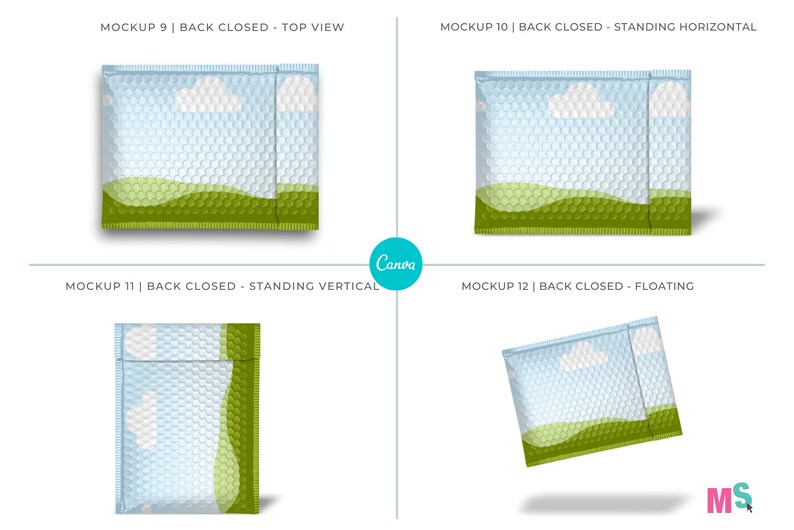 May include: Four mockups of a white and green bubble mailer with a cloud and grass design. The mailers are shown in different positions: top view, standing horizontal, standing vertical, and floating.