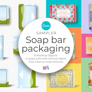 Soap Bar Packaging Canva Mockup Sampler Label Wrap Belly Band Square Round Textures Dishes Print Beauty Cosmetic Lotion Shampoo Wash Health