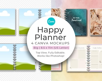 Big Disc Bound Planner Canva Mockup Template 8.5 x 11 US Letter Laminated Notebook Diary HP Digital Ring Bound Cover Open Pages Editable
