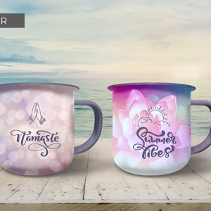 Enamel Coffee Mug Mockup - Canva Template featuring custom clip frames, fully editable drag-and-drop objects. Works like Photoshop! Display image shows 2 mug mockup front view after designs are added to the clip frames over a background.