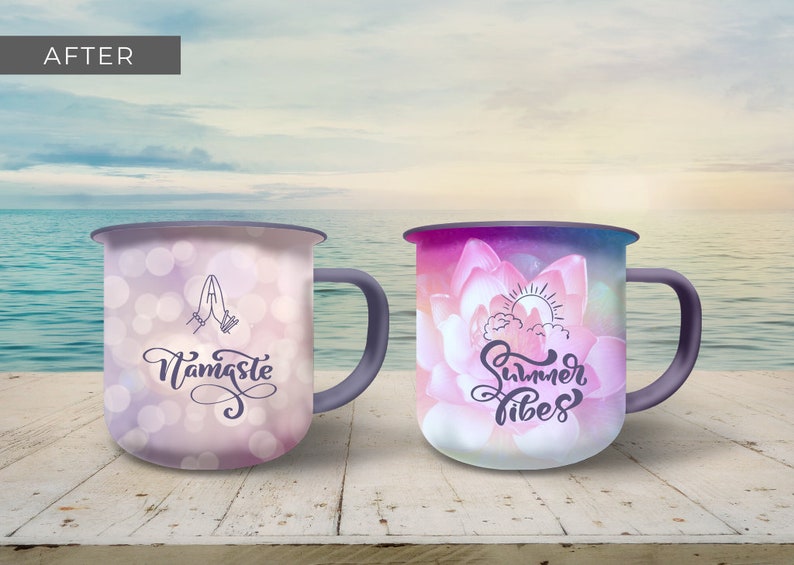 Enamel Coffee Mug Mockup - Canva Template featuring custom clip frames, fully editable drag-and-drop objects. Works like Photoshop! Display image shows 2 mug mockup front view after designs are added to the clip frames over a background.