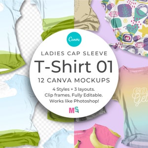 May include: Twelve Canva mockups of a cap sleeve t-shirt in various styles and layouts. The mockups feature different designs and colors, including a blue sky with green grass, a colorful abstract pattern, and a gradient with the text "Goal Getter".