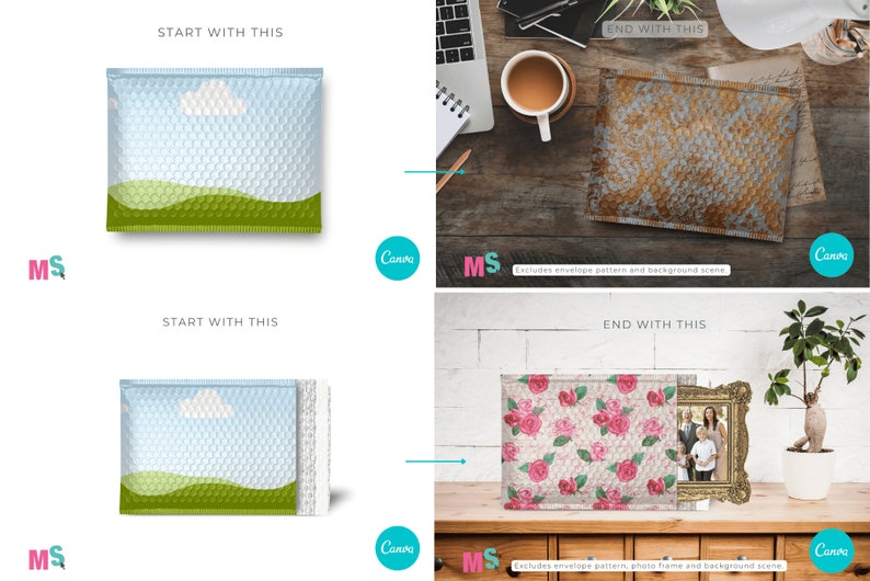 May include: Two images showing how to create a custom design on a bubble mailer. The first image shows a plain bubble mailer with a green field and a white cloud. The second image shows a bubble mailer with a floral pattern.