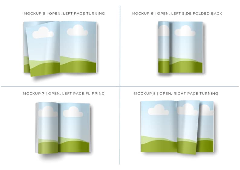 May include: Four mockups of a magazine with a blue sky and green hills background. The magazine is open in different positions, showing the pages turning and flipping.