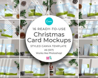16 Styled Christmas Card Mockups Canva Template A6 5x7 Canva Horizontal Card Mockup Canva Vertical Card Mockup Canva Envelope Mockup