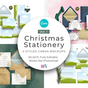 Modello di cancelleria natalizia A6 5x7 Canva Modello di biglietto di auguri Fodera per busta Etichette regalo Invito per matrimonio verde oro Accessori completamente modificabili