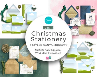 Christmas Stationery Mockup A6 5x7 Canva Template Greeting Card Envelope Liner Gifting Tags Green Gold Wedding Invite Props Fully Editable