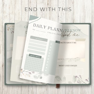 May include: Open journal with a green cover and pages featuring a daily planner layout. The planner includes sections for priorities, daily schedules, and self-reflection prompts. The text "DAILY PLANNER" and "TO KNOW ABOUT ME" are visible.