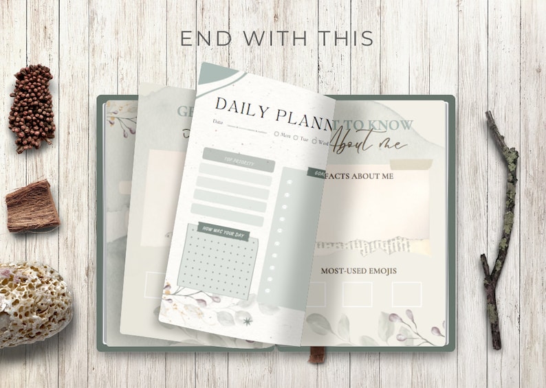 May include: Open journal with a green cover and pages featuring a daily planner layout. The planner includes sections for priorities, daily schedules, and self-reflection prompts. The text "DAILY PLANNER" and "TO KNOW ABOUT ME" are visible.