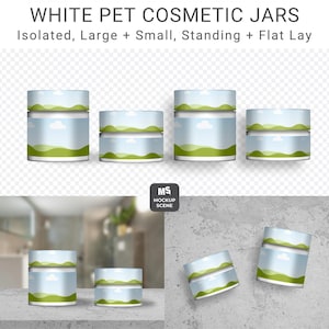 May include: White cosmetic jars with blue and green landscape design. The jars are available in large and small sizes, and are shown standing and flat. The image includes the text "CANVA SMART MOCKUP" and "WHITE PET COSMETIC JARS".