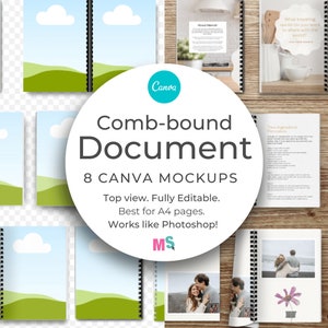 Puede incluir: Ocho maquetas de documentos encuadernados con peine con diferentes fondos y contenido. Las maquetas están diseñadas para páginas A4 y son totalmente editables. El texto en las maquetas dice "Comb-bound Document 8 CANVA MOCKUPS Vista superior. Totalmente editable. Ideal para páginas A4. Funciona como Photoshop! MS"