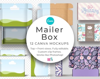 Mailer Box Canva Smart Mockup Template for Shipping Postage Packaging Design Customizable Mock up