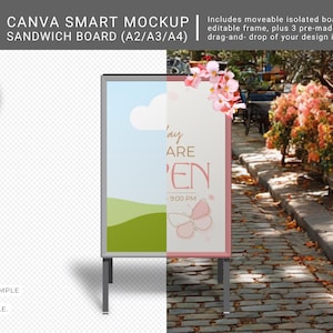 以下が含まれることがあります： 「Open」と書かれた看板と蝶のグラフィックが付いた、シルバーのサンドイッチボードモックアップ。看板は、ぼやけた屋外カフェのシーンを背景にしています。モックアップには既製のシーンが含まれており、デザインを簡単に統合できるように設計されています。