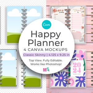 May include: Four mockups of a classic skinny Happy Planner, each with a different design. The planners are 4.125 inches by 9.25 inches and feature a clear plastic cover with a white background. The designs include a landscape scene, a daily planner, a grocery list, and a weekly planner with floral and leaf patterns. The planners are fully editable and work like Photoshop.