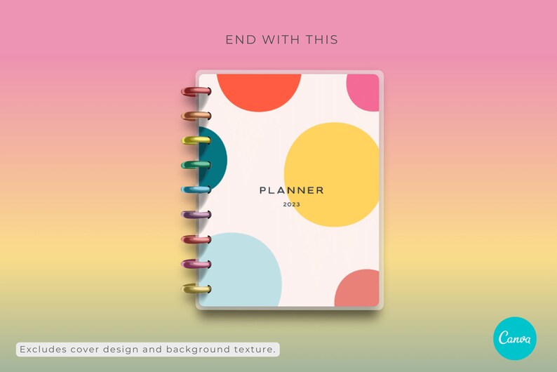 K&ouml;nnte beinhalten: Ein wei&szlig;er Planer mit einem farbenfrohen geometrischen Design. Der Einband zeigt Kreise in den Farben Rot, Orange, Gelb, Gr&uuml;n, Blau und Rosa. Der Text "PLANNER 2023" ist in Schwarz auf dem Einband gedruckt.