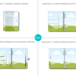 May include: Four mockups of a blue and green patterned planner with a ring binder. The first mockup shows the front cover closed. The second mockup shows the planner open with the front page visible. The third mockup shows the planner open with pocket photos visible. The fourth mockup shows the planner open with a left divider visible.