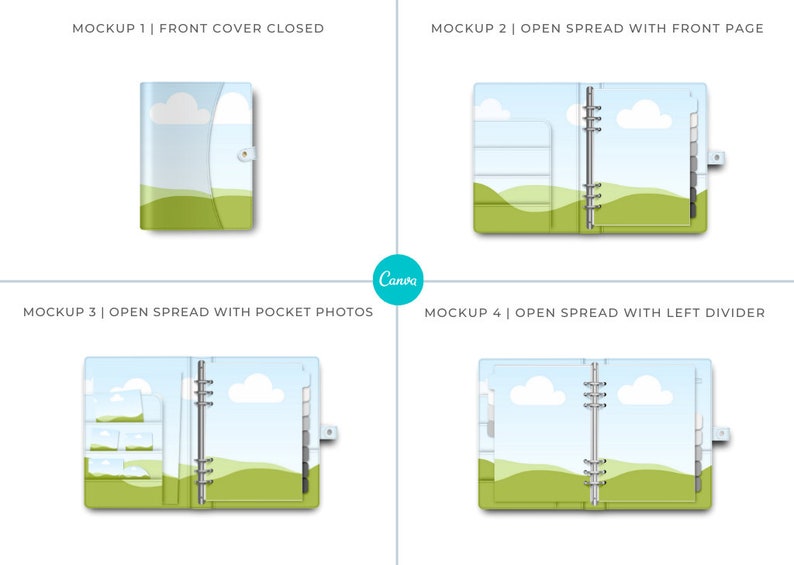 May include: Four mockups of a blue and green patterned planner with a ring binder. The first mockup shows the front cover closed. The second mockup shows the planner open with the front page visible. The third mockup shows the planner open with pocket photos visible. The fourth mockup shows the planner open with a left divider visible.