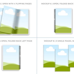 May include: Notebook mockups with spiral binding. One mockup shows four open pages with a landscape scene of a blue sky, white clouds, and green hills. Other mockups show the notebook open, folded back, and with three isolated pages. Text on the image: MOCKUP 5 | OPEN WITH 4 FLIPPING PAGES, MOCKUP 6 | OPEN, FOLDED BACK RIGHT PAGE, MOCKUP 7 | OPEN, FOLDED BACK LEFT PAGE, MOCKUP 8 | 3 SINGLE PAGES, ISOLATED.