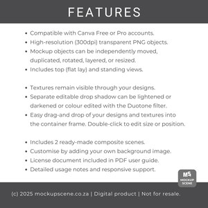 Puede incluir: Gr&aacute;fico blanco con la palabra "FEATURES" en la parte superior, seguido de vi&ntilde;etas que describen las caracter&iacute;sticas del producto digital. Incluye compatibilidad con Canva, objetos PNG de alta resoluci&oacute;n y escenas personalizables. La esquina inferior derecha tiene el logotipo "MS MOCKUP SCENE".