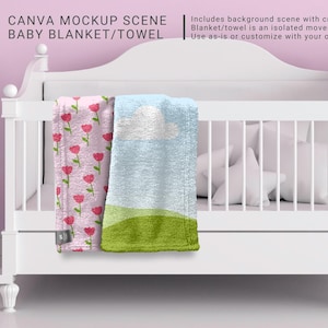 May include: A white crib with a pink floral baby blanket and a blue and green baby blanket with a cloud and grass design. The crib is in a pink room.