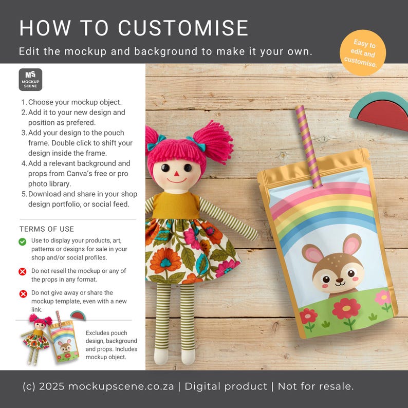 Maqueta inteligente de bolsa de jugo con pajita en Canva para branding de fiestas y eventos, diseños educativos, suministros y exhibición de productos. imagen 12