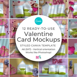 Styled Valentine Card Mockups for Canva 5x7 Printable Mock Up for greeting and gifting with envelope liner mock-up customisable with props