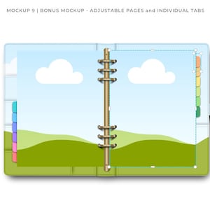 May include: A blue and white planner mockup with adjustable pages and individual tabs. The planner has a ring binding and is open to a page with a green landscape illustration. The tabs are color-coded and are visible on the left and right sides of the planner.