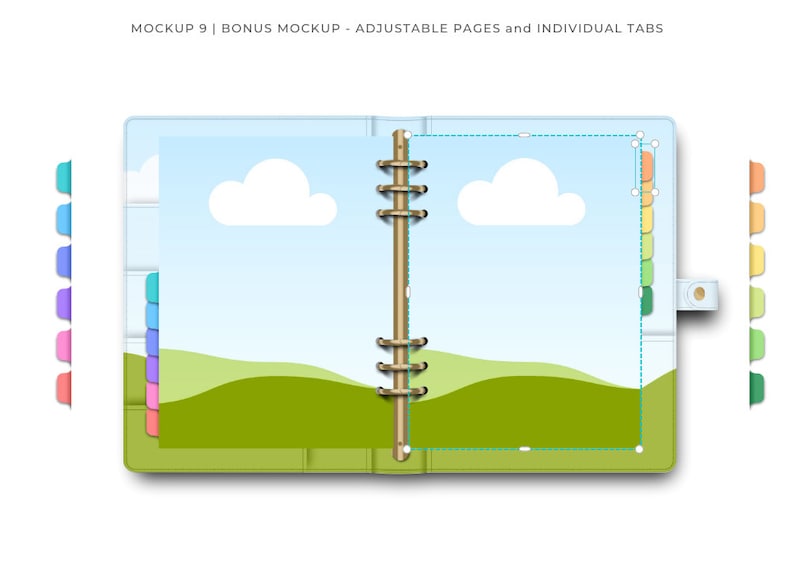 May include: A blue and white planner mockup with adjustable pages and individual tabs. The planner has a ring binding and is open to a page with a green landscape illustration. The tabs are color-coded and are visible on the left and right sides of the planner.