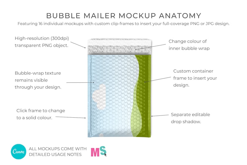 May include: A mockup of a bubble mailer with a green and white frame. The bubble wrap texture is visible through the frame. The frame can be changed to a solid color. The mockup is high-resolution and comes with a separate editable drop shadow.