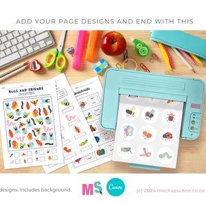 May include: A blue printer with a sheet of paper in it. The paper has a grid of colourful bug stickers. The text on the paper says "Bugs and Friends Counting" and "Arachnids".