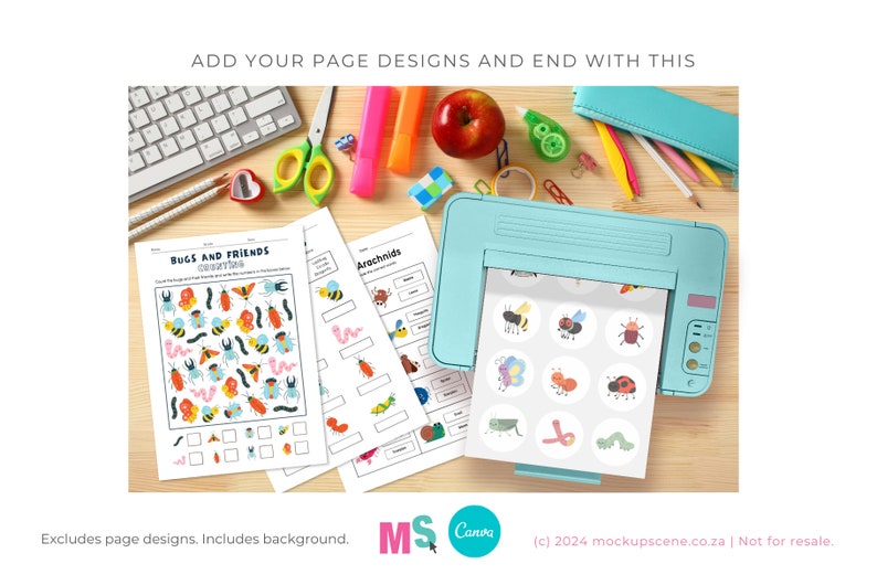 May include: A blue printer with a sheet of paper in it. The paper has a grid of colourful bug stickers. The text on the paper says "Bugs and Friends Counting" and "Arachnids".
