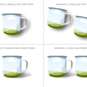 Enamel Coffee Mug Mockup - Canva Template featuring custom clip frames, fully editable drag-and-drop objects. Works like Photoshop! Display image shows the 4 mockups included in this product. one mug top and front view, 2 mugs top and front view.