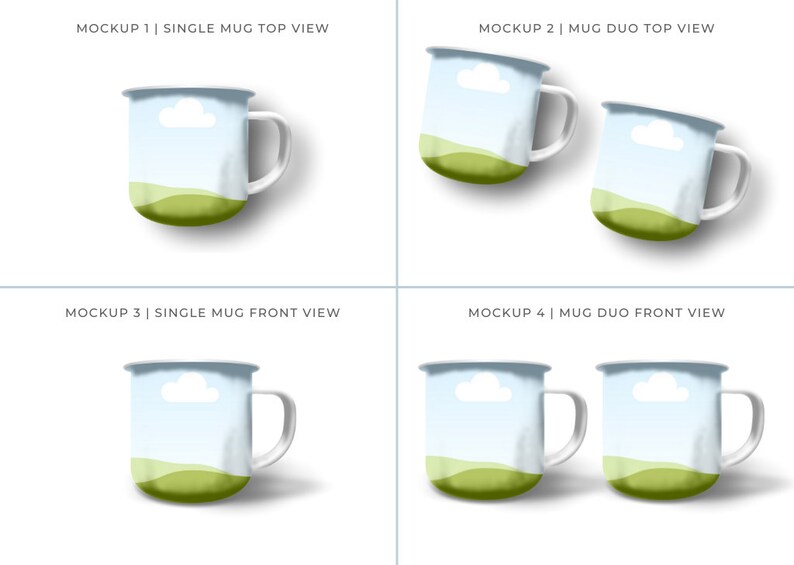 Enamel Coffee Mug Mockup - Canva Template featuring custom clip frames, fully editable drag-and-drop objects. Works like Photoshop! Display image shows the 4 mockups included in this product. one mug top and front view, 2 mugs top and front view.