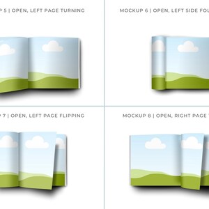 May include: Four different mockups of a book with a blue sky and green hills background. The book is open and the pages are turning or flipping.