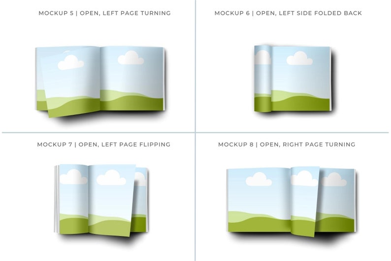 May include: Four different mockups of a book with a blue sky and green hills background. The book is open and the pages are turning or flipping.