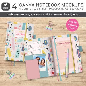 Puede incluir: Maquetas de cuadernos con cubiertas coloridas, páginas interiores y objetos móviles. La imagen muestra cuadernos abiertos y cerrados con un diseño de planificador semanal, una foto y un bolígrafo. El texto dice "4 Canva Notebook Mockups".