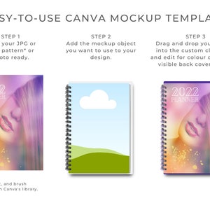 May include: An image showcasing a Canva mockup template with three steps. The steps involve adding a JPG or PNG pattern, adding a mockup object, and dragging a design into a custom clip frame. The image includes a 2022 planner design.