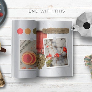 May include: Open book with a color palette, a photo of a red door, and a photo of a red flowering branch. The text "Plan your palette" is written on a piece of paper.