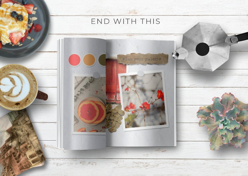 May include: Open book with a color palette, a photo of a red door, and a photo of a red flowering branch. The text "Plan your palette" is written on a piece of paper.