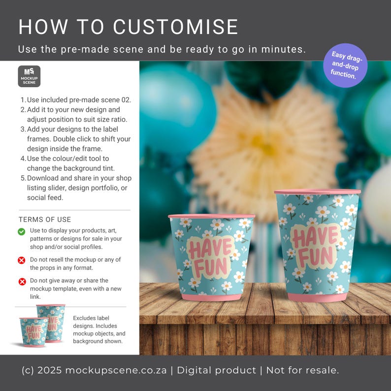 K&ouml;nnte beinhalten: Zwei hellblaue Pappbecher mit G&auml;nsebl&uuml;mchenmuster und den Worten "HAVE FUN" in Pink. Die Becher haben rosa R&auml;nder und B&ouml;den und stehen auf einer Holzoberfl&auml;che. Der Hintergrund enth&auml;lt Ballons und Text zur Anpassung.