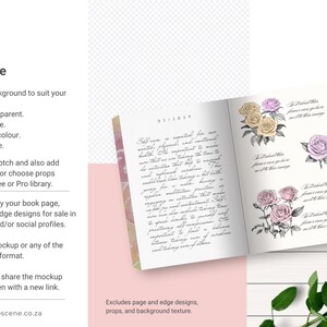 Mockup of an open book with floral illustrations. The pages show sketches of roses in different colours. A pink rose with green leaves is in the foreground. The text "Customize" is visible.