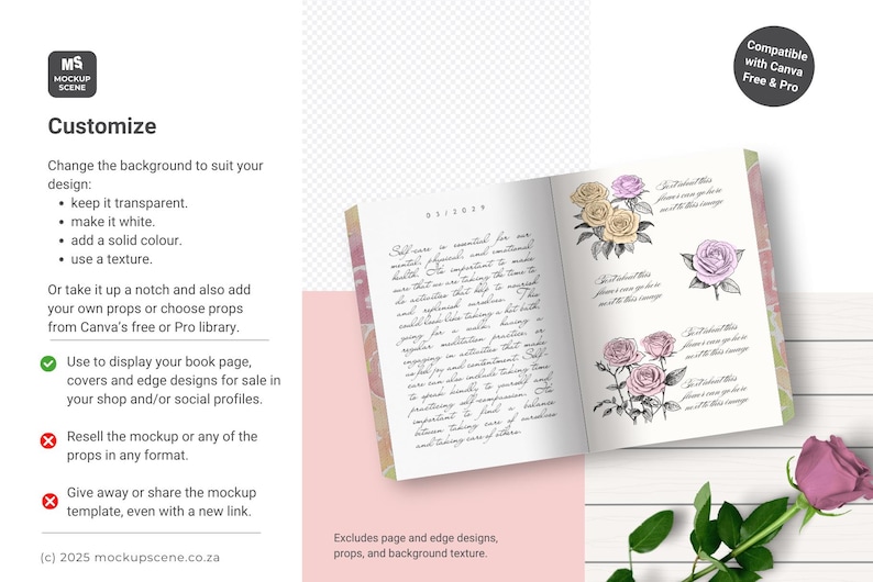 Mockup of an open book with floral illustrations. The pages show sketches of roses in different colours. A pink rose with green leaves is in the foreground. The text "Customize" is visible.
