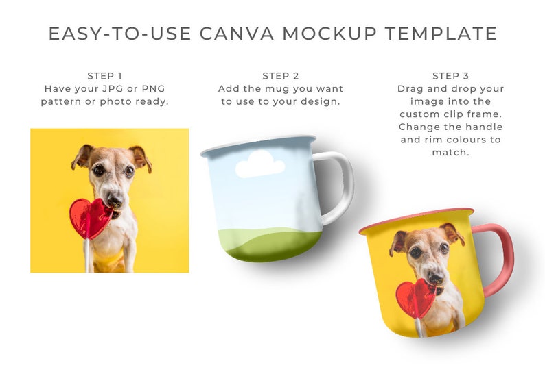 Enamel Coffee Mug Mockup - Canva Template featuring custom clip frames, fully editable drag-and-drop objects. Works like Photoshop! Display image shows mockup usage instructions steps 1 to 3.