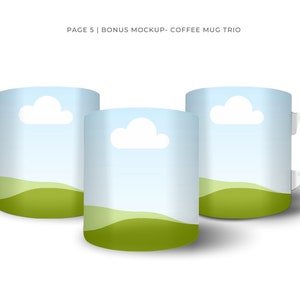 Ceramic Coffee Mug Mockup for Canva with custom clip frames, fully editable, drag and drop. Works like Photoshop! Display image shows 3 front-view coffee mugs with custom frames before  applying design in Canva.