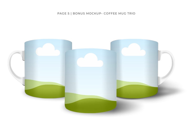 Ceramic Coffee Mug Mockup for Canva with custom clip frames, fully editable, drag and drop. Works like Photoshop! Display image shows 3 front-view coffee mugs with custom frames before  applying design in Canva.