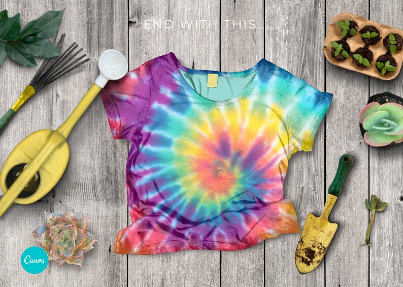 Canva Tshirt 02 Mockup template. Works like Photoshop. Includes 12 mockups. 3 styles and 3 layouts. Features clip frames to drag and drop your designs into. Underlying detail remains visible. Display image showing Tshirt with design and props added.
