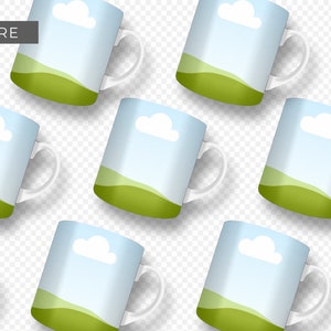 Ceramic Coffee Mug Mockup for Canva with custom clip frames, fully editable, drag and drop. Works like Photoshop! Display image shows multiple top-view mugs with custom clip frames before designs are inserted.